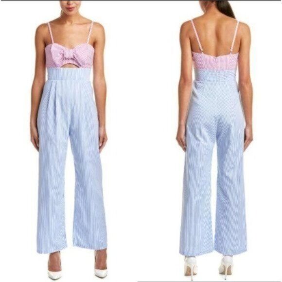 Romeo + Juliet Couture Woven Pinstripe Bow Bust Jumpsuit Small - Picture 11 of 11